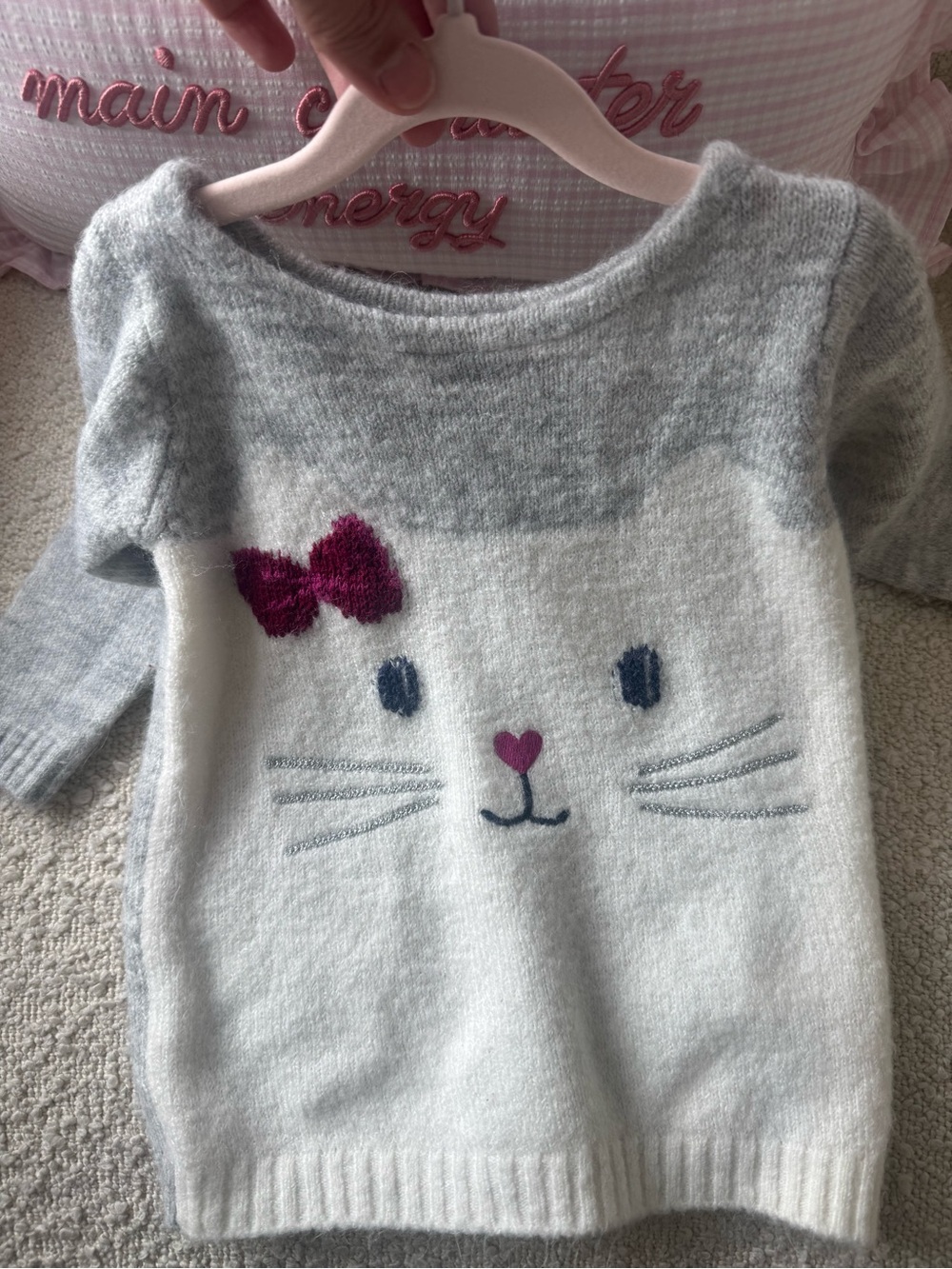 Carter's Grey and White Kitty Sweater with Pink Bow